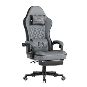 Gaming Chair with Footrest, Ergonomic Computer Chair with Lumbar Support, with 4D Foam Sports Seat Cushion, Breathable Leather Material, Height Adjustable Adult Office Chair（Grey）