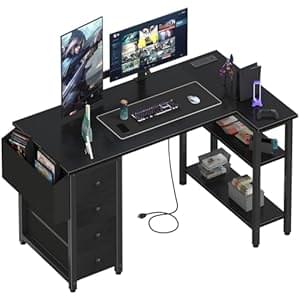 Lufeiya L Shaped Gaming Desk with Drawers & Storage Shelves, 47 Inch Reversible Corner Computer Desk with Power Outlet for Home Office Bedroom, L-Shaped Teen PC Desks with Fabric Drawer, Black